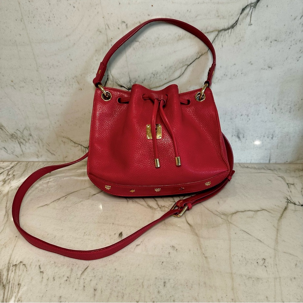 Authentic MCM Red Pebbled Leather 2 Way Bucket Bag - Picture 4 of 9